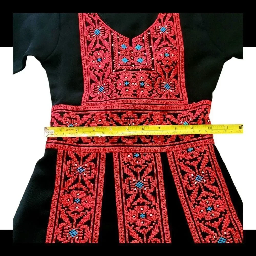 Beautiful Red and Black Embroidery Palestinian Girl Dress Thobe Tatreez Heritage - Picture 9 of 10